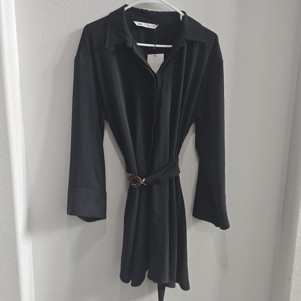 Zara button up belted, Black mini dress size medium
